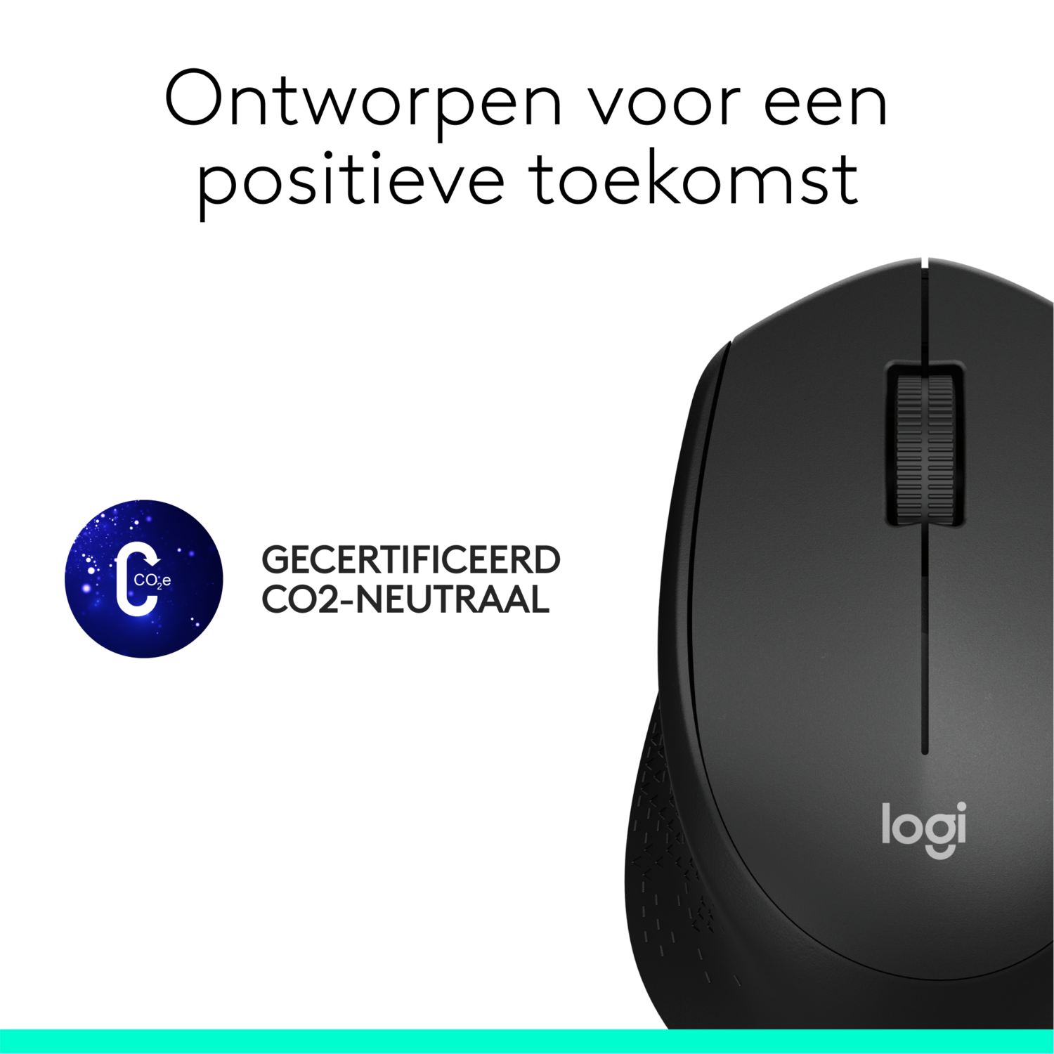 Black computer mouse with a wheel, with the logo and text 'GECERTIFICEERD CO2-NEUTRAAL'.