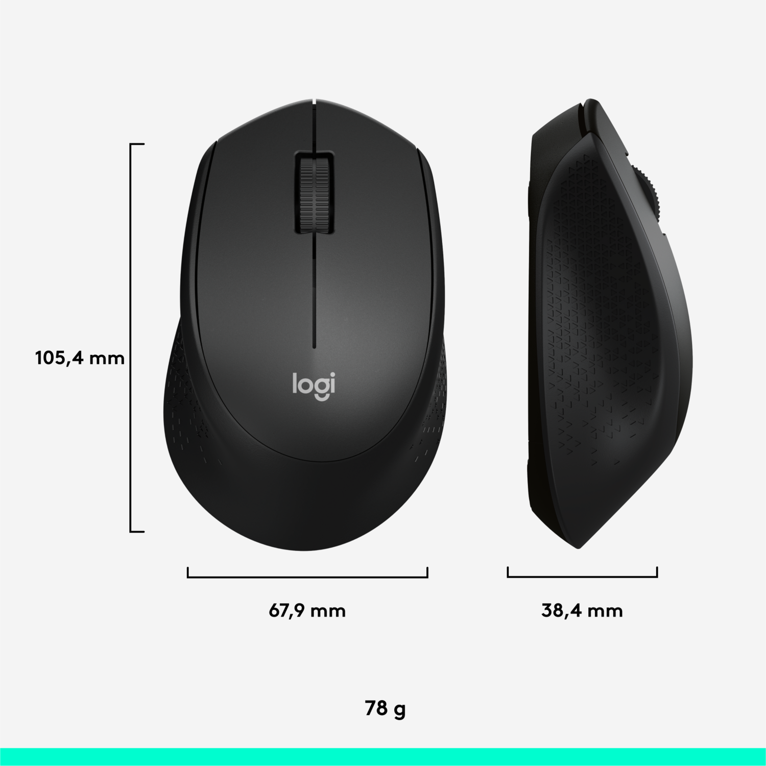 A black Logitech mouse shown from top and side views, with dimension labels.