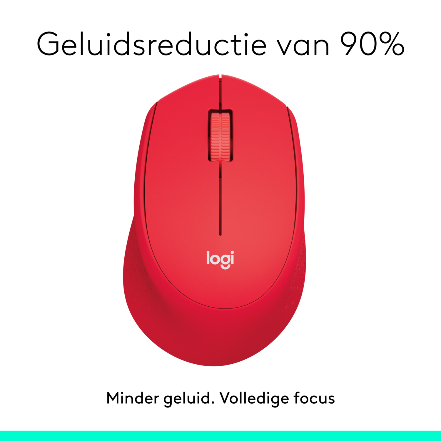 Red mouse with scroll wheel. Text: Sound reduction of 90%. Smaller text: Less noise. Full focus.