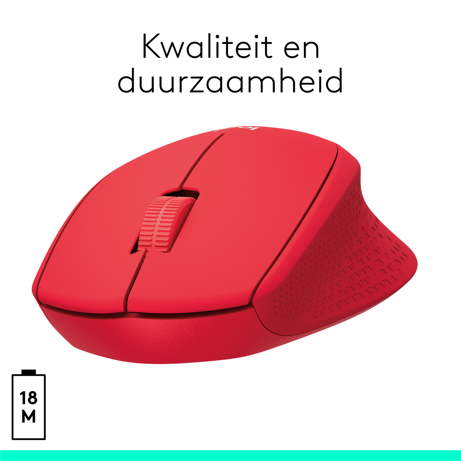 Red wireless mouse. Text above says 'Quality and durability'.