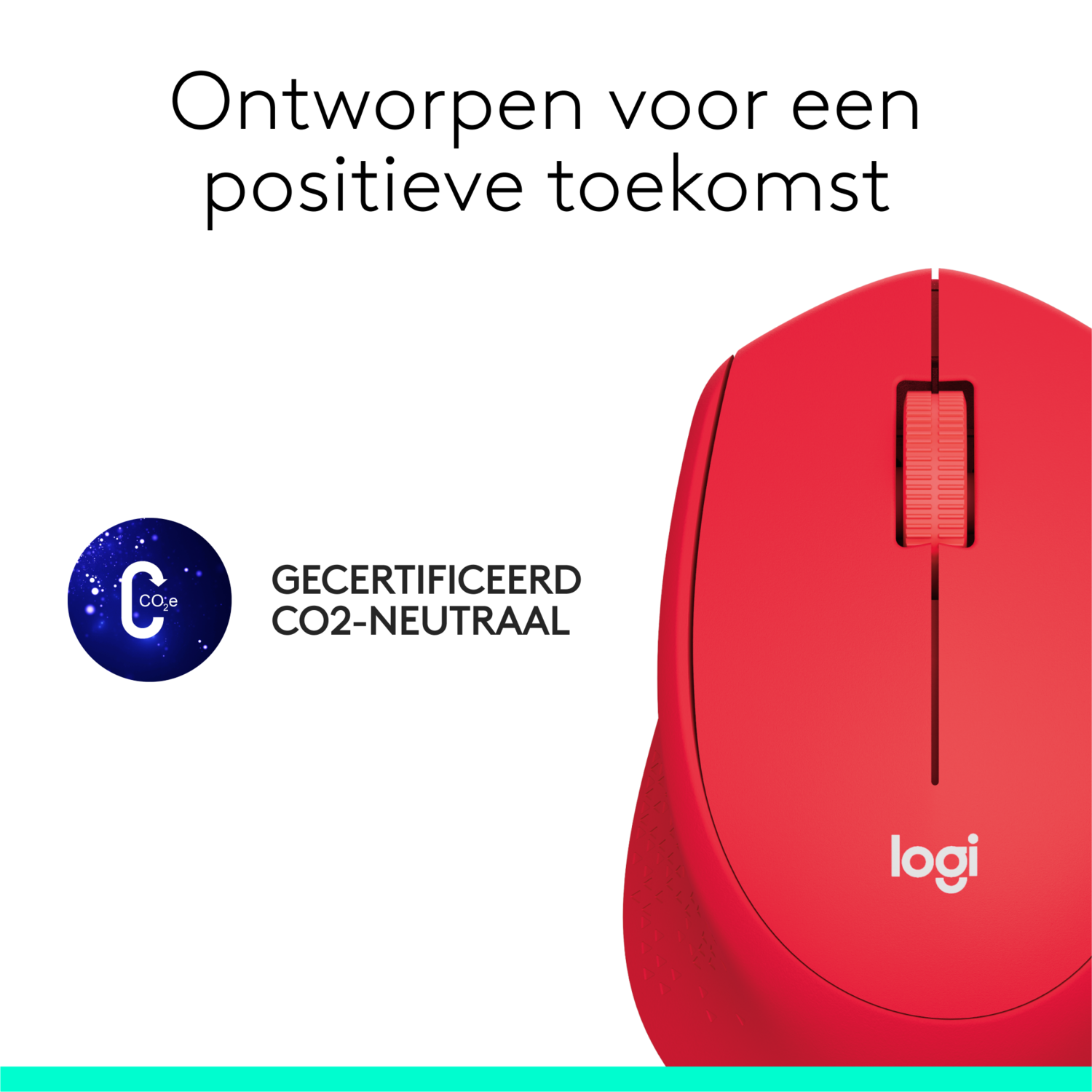 A red Logitech mouse, with a text about being CO2-neutral and designed for the future.