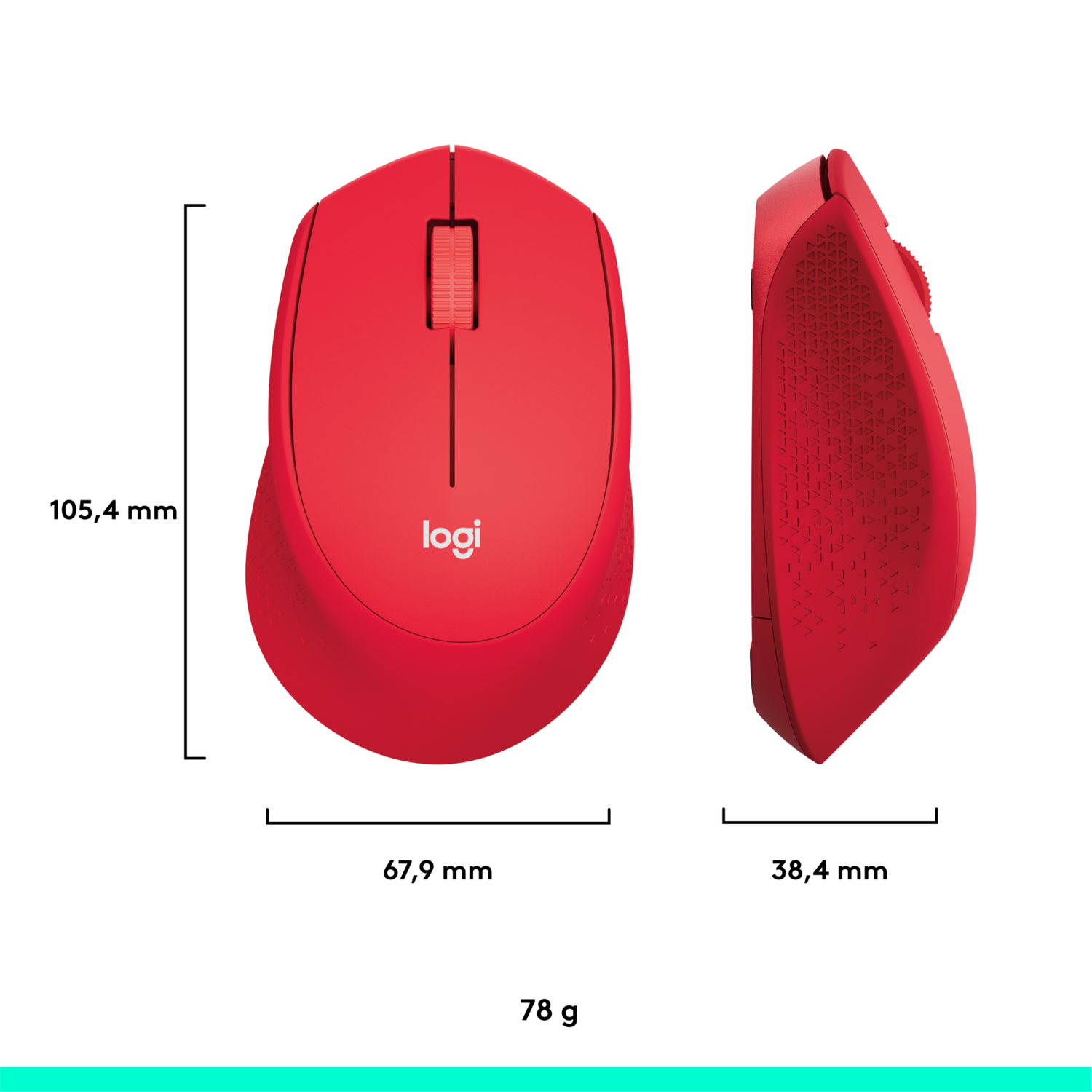 Red wireless mouse with dimensions. The logo is on the mouse.