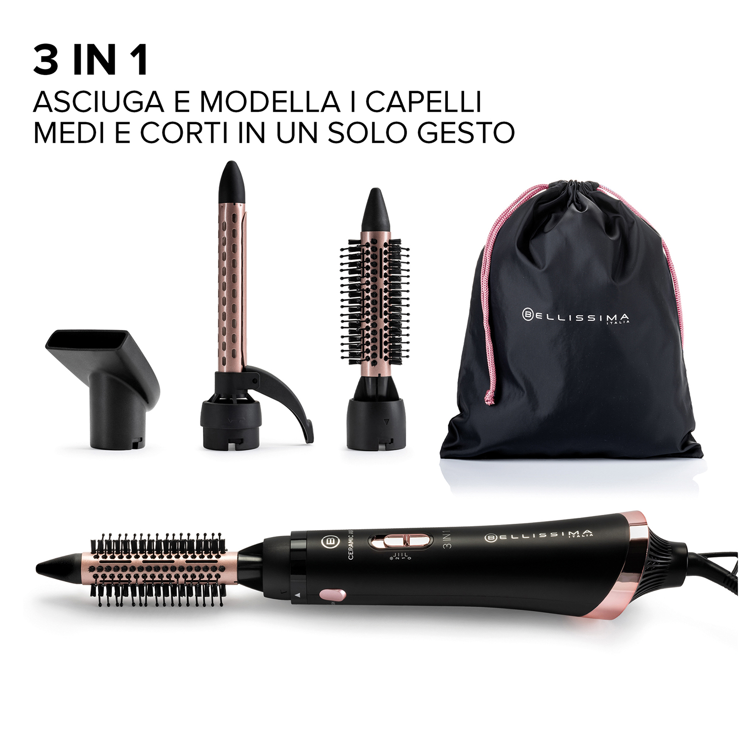 Un set per lo styling dei capelli nero e oro rosa con accessori.