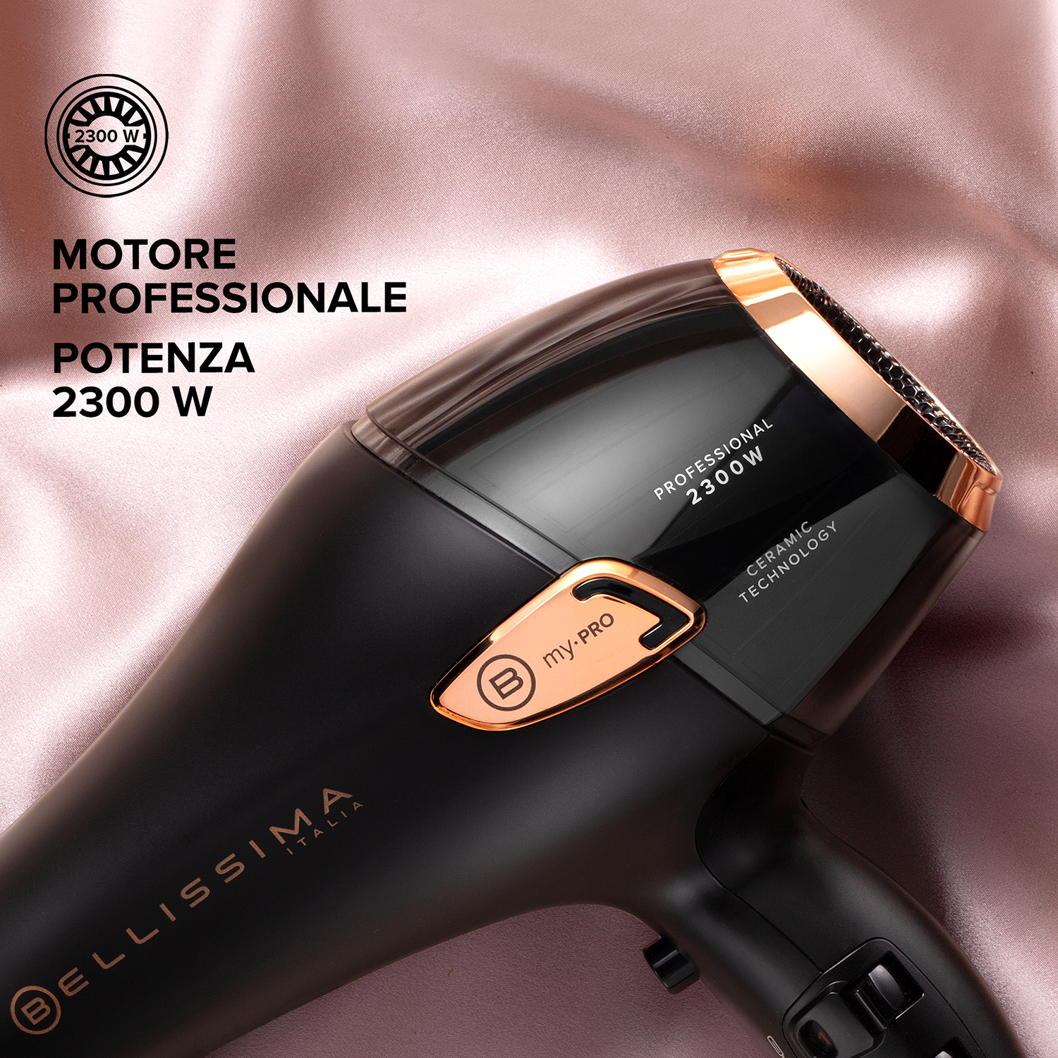 Asciugacapelli nero e oro con testo: professionale, 2300W, tecnologia ceramica, sfondo rosa.