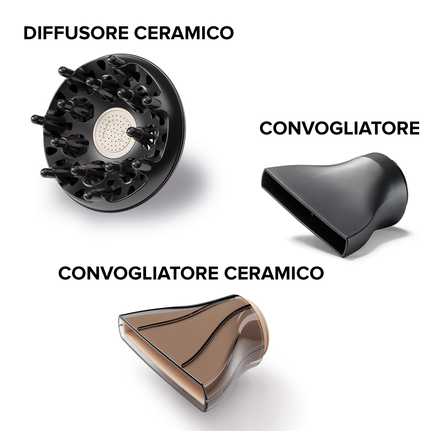 Accessori asciugacapelli: diffusore ceramico, concentratore e concentratore ceramico.