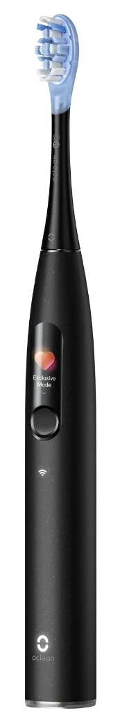 Czarna elektryczna szczoteczka do zębów z niebieską główką i wyświetlaczem.