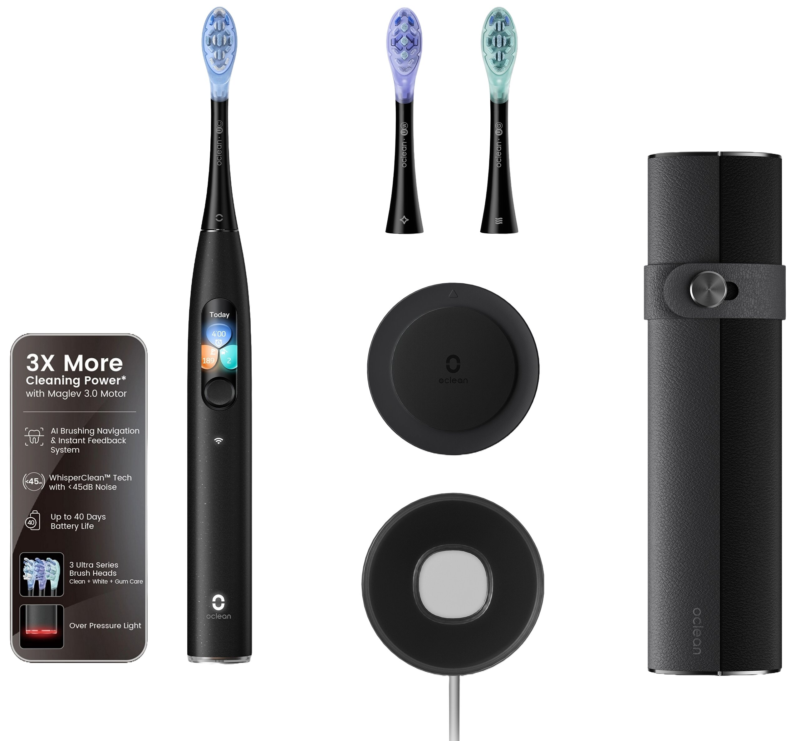 Czarna elektryczna szczoteczka do zębów z trzema główkami, stacją ładującą i etui podróżnym, na białej powierzchni.