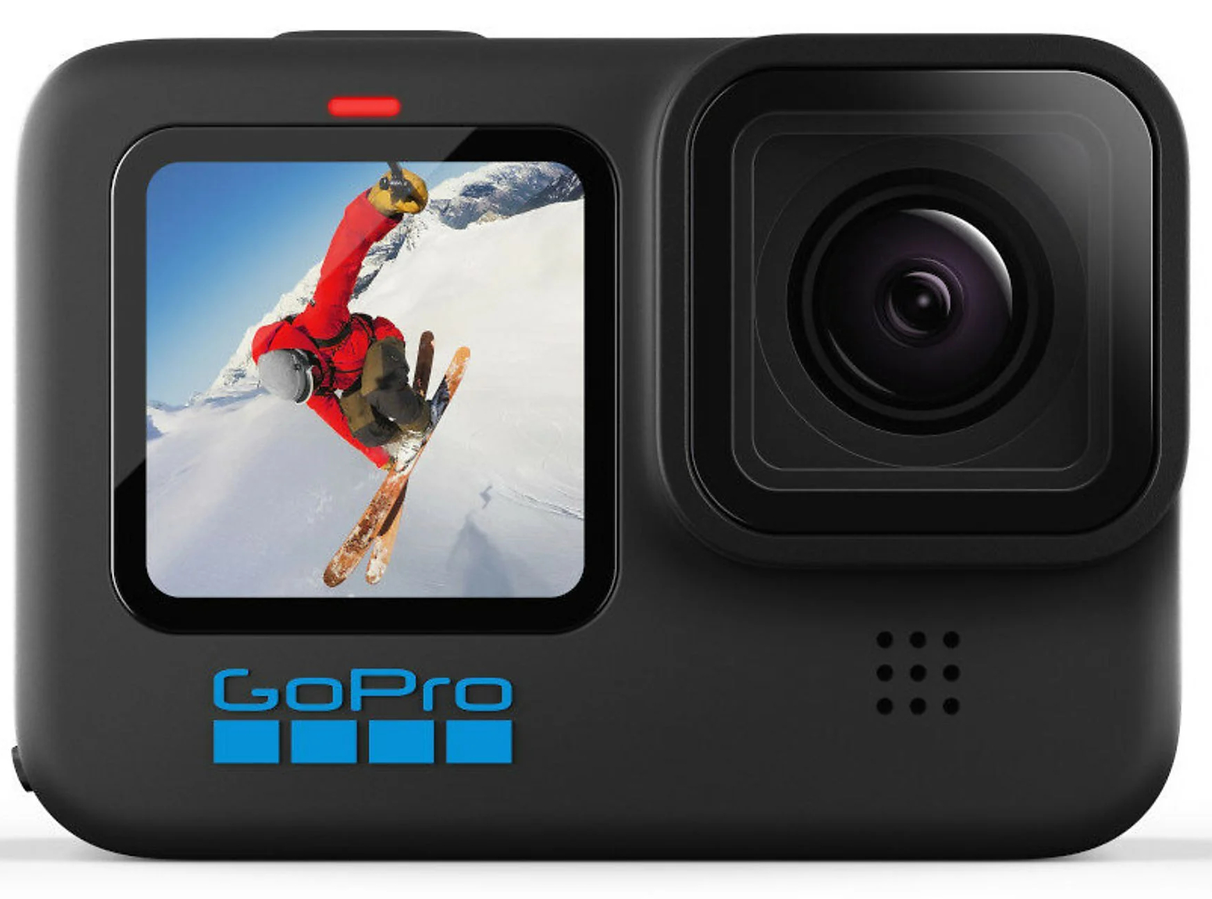 Kamera GoPro z ekranem pokazującym narciarza. Kamera jest czarna z niebieskim logo.