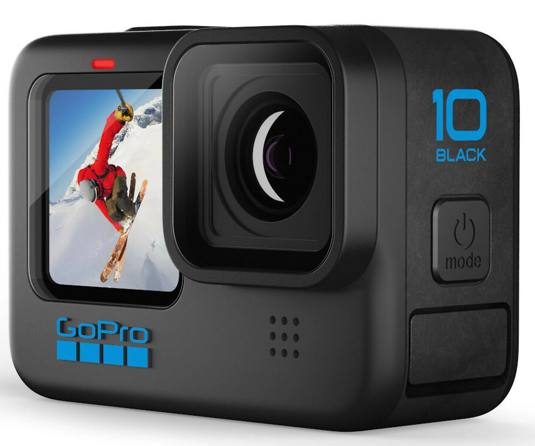 Czarna kamera GoPro z ekranem pokazującym jazdę na nartach. Aparat ma przycisk trybu.