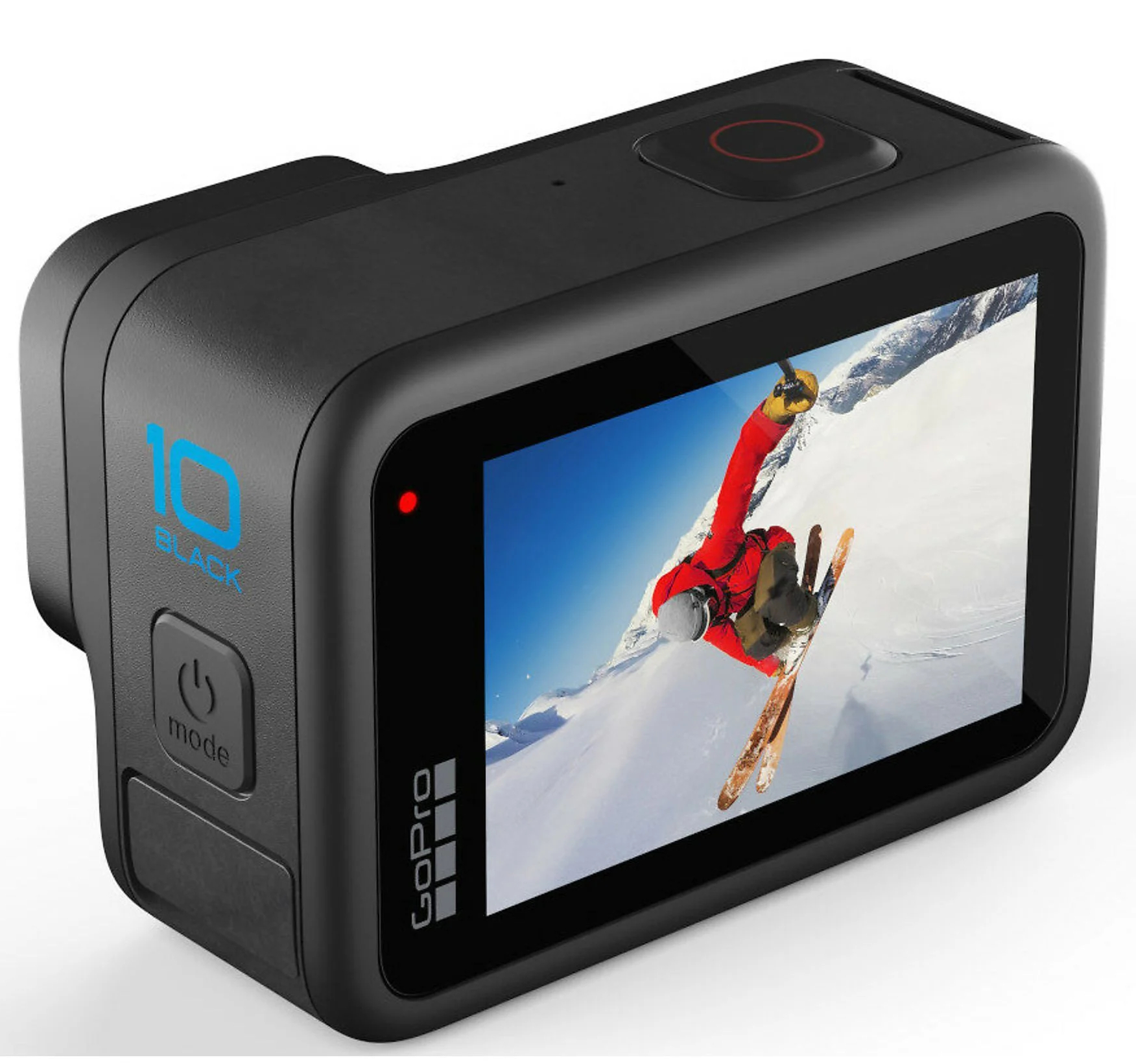 Czarna kamera GoPro. Pokazuje narciarza na ośnieżonej górze. Czerwony przycisk i tekst '10 black' z boku.