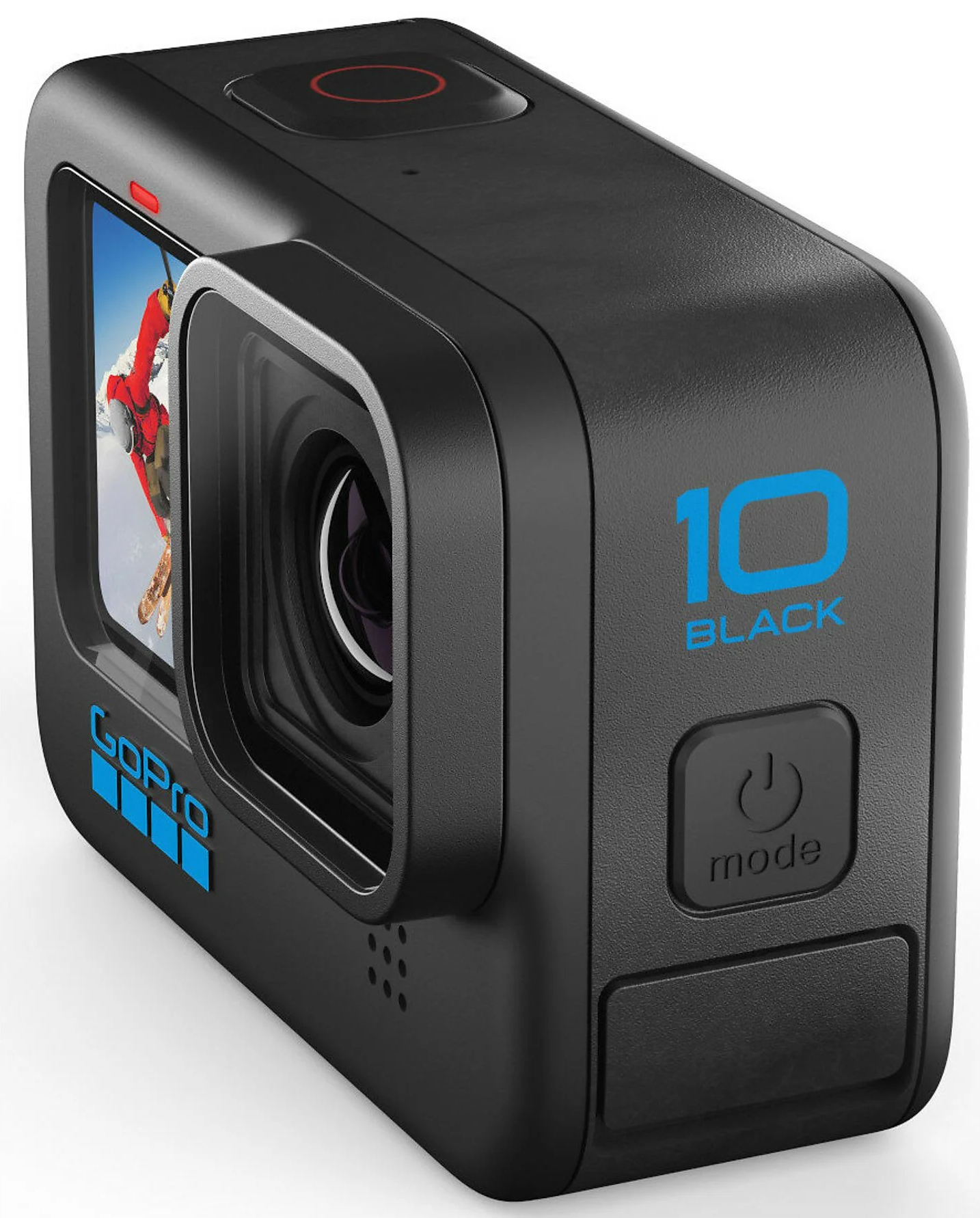 Czarna kamera GoPro 10 Black z wyświetlaczem pokazującym narciarza, czarne tło i białe logo.