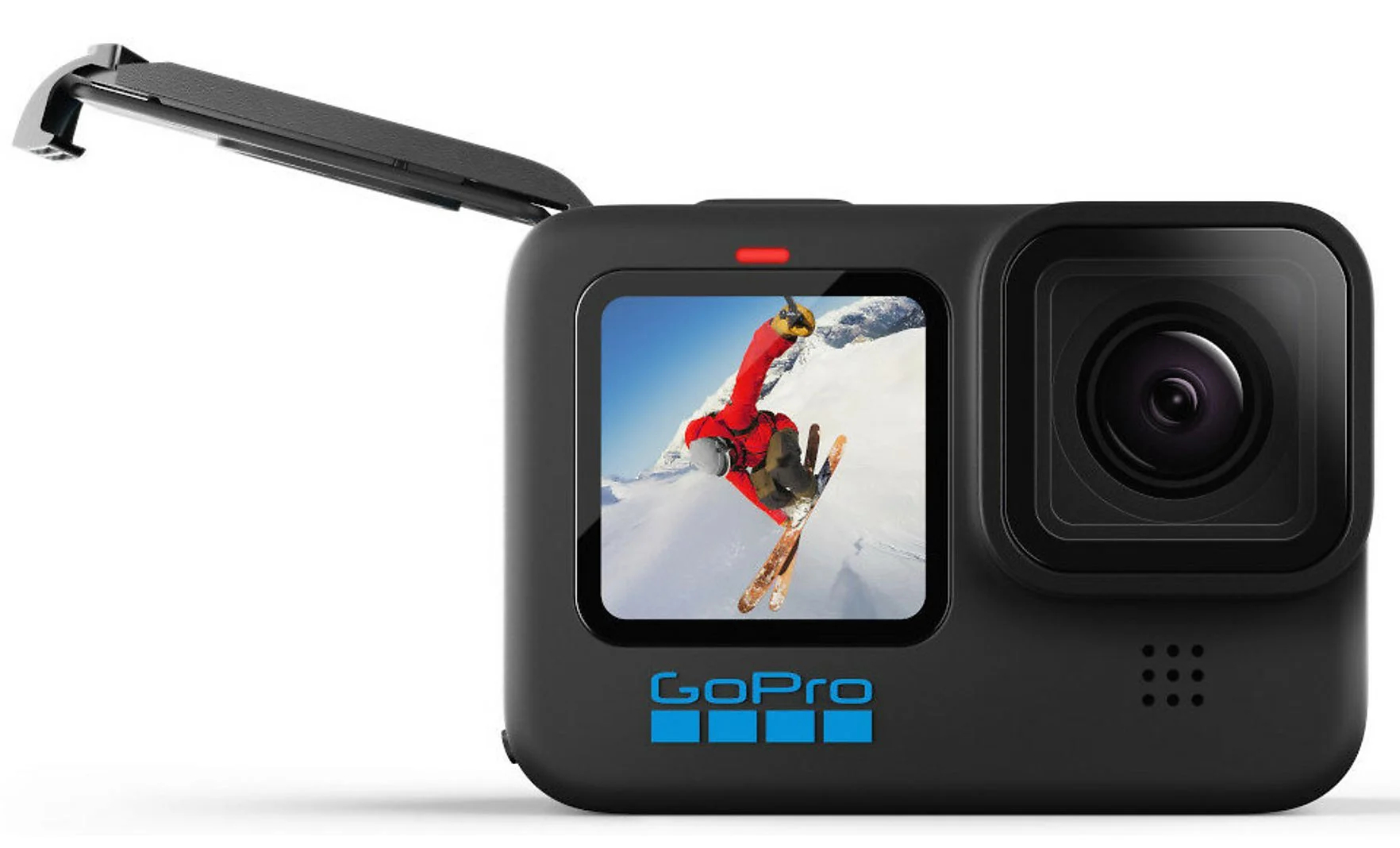 Czarna kamera GoPro z ekranem pokazującym narciarza w akcji.