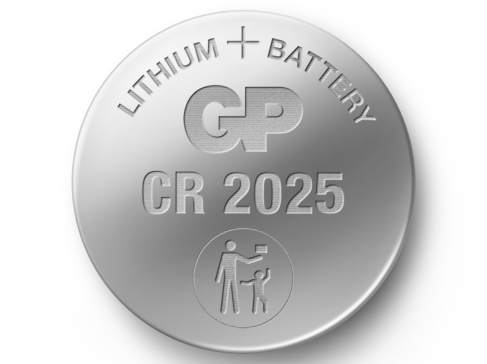 'LITHIUM BATTERY' ve 'CR 2025' yazılı yuvarlak, gümüş bir lityum pil.