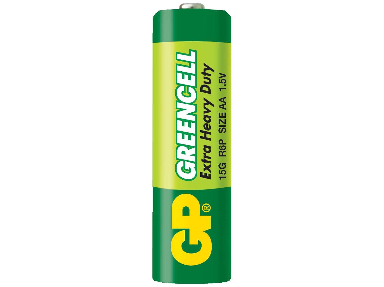 Yeşil ve sarı AA pil. Metin: Greencell, Extra Heavy Duty, 1.5V. Beyaz arka plan.