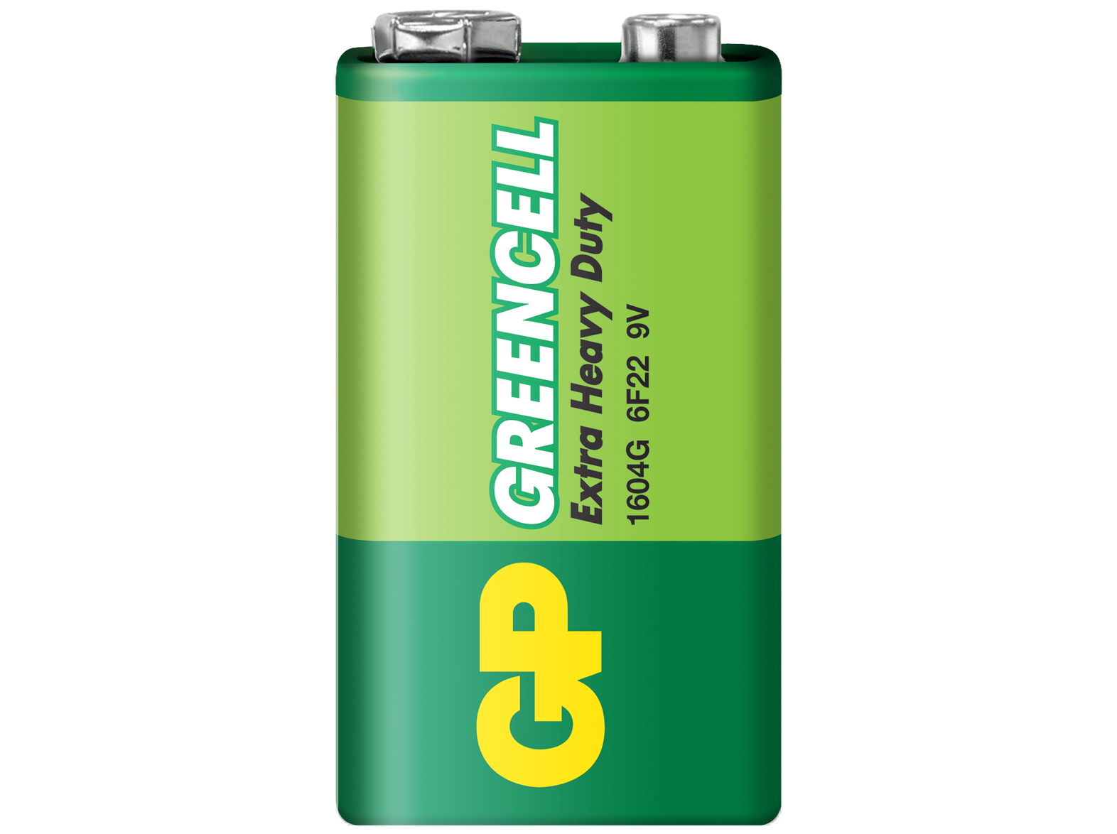 Yeşil bir GP Greencell 9V pili. Gümüş bir üst kısma ve Extra Heavy Duty yazısına sahip.