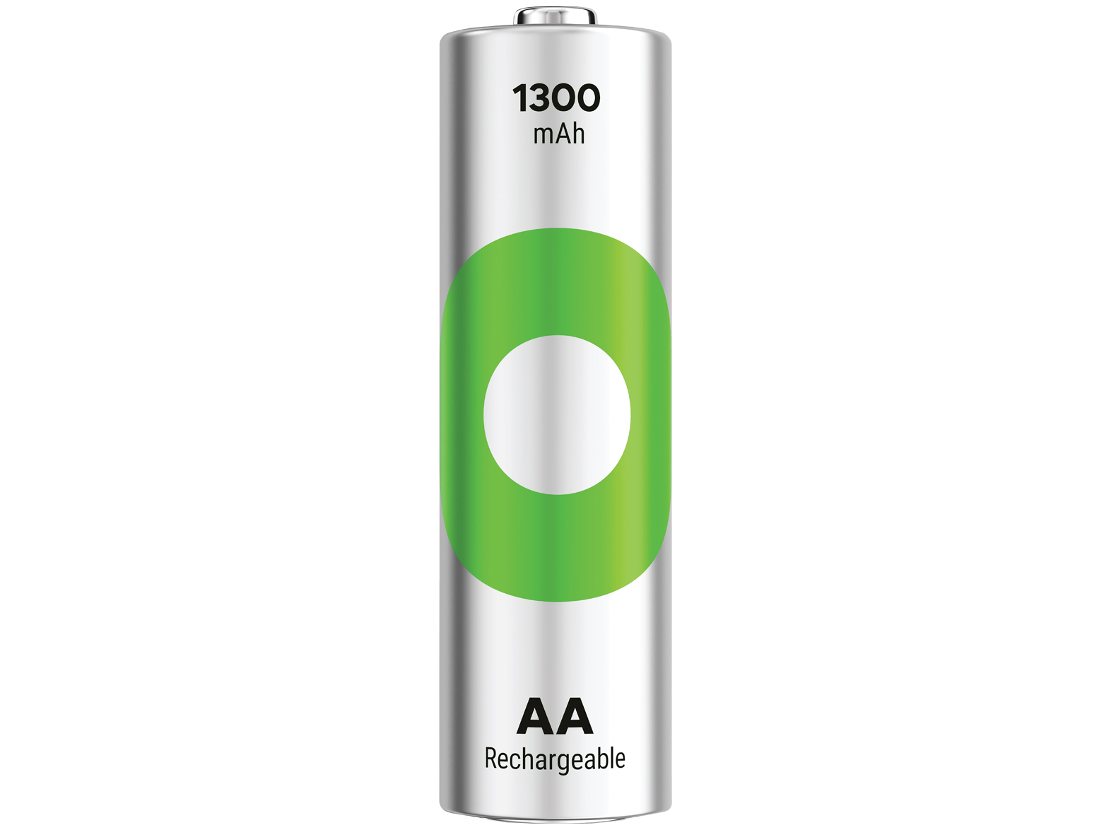 AA şarj edilebilir pil, yeşil daire logosu ve 1300 mAh yazısı.