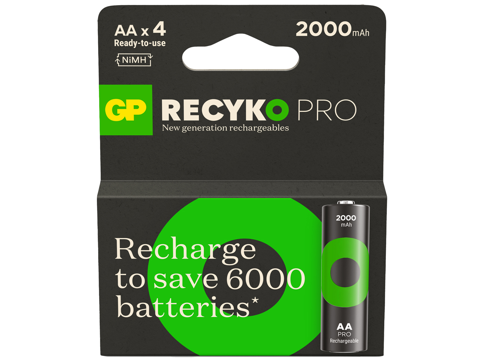 Yeşil, beyaz ve siyah renklerde bir paket GP Recyko Pro şarj edilebilir pil.