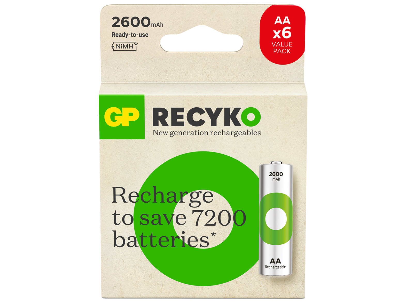 Şarj edilebilir AA pil kutusu. Yeşil ve beyaz tasarım, 'Recyko' ve '2600mAh' metni ile.