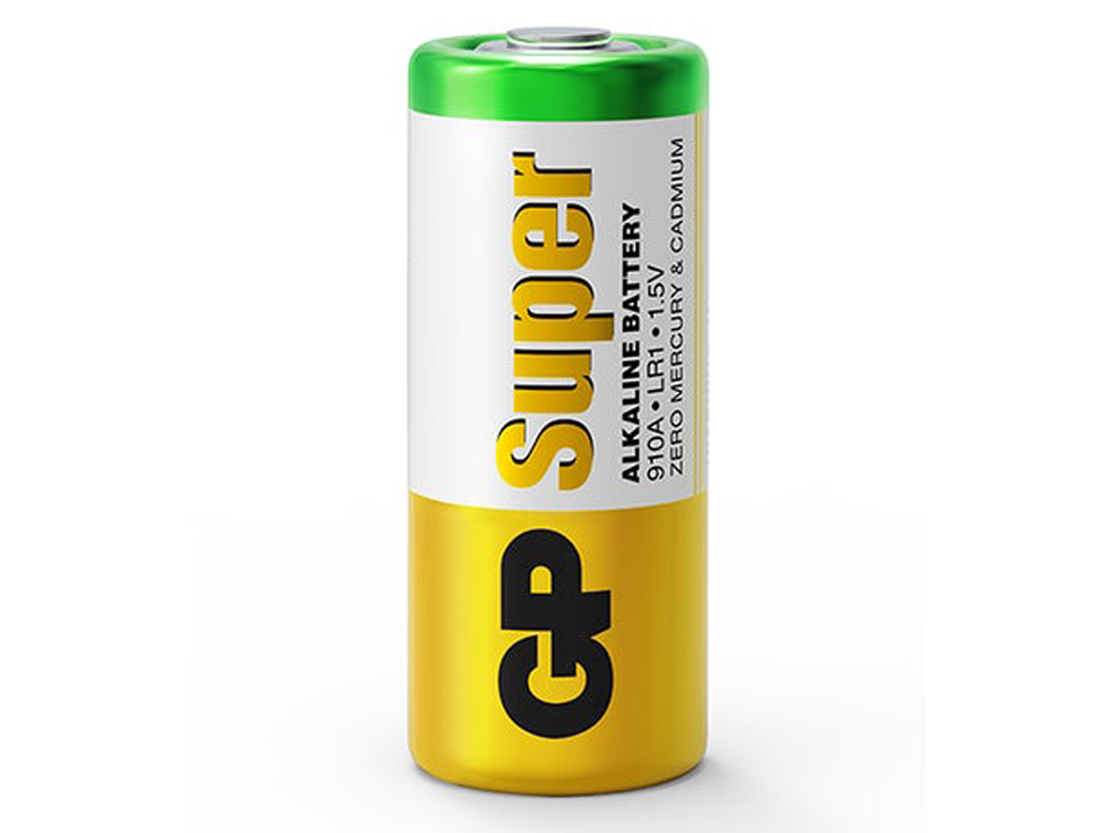 Sarı ve yeşil renkli bir GP Super alkalin pil.