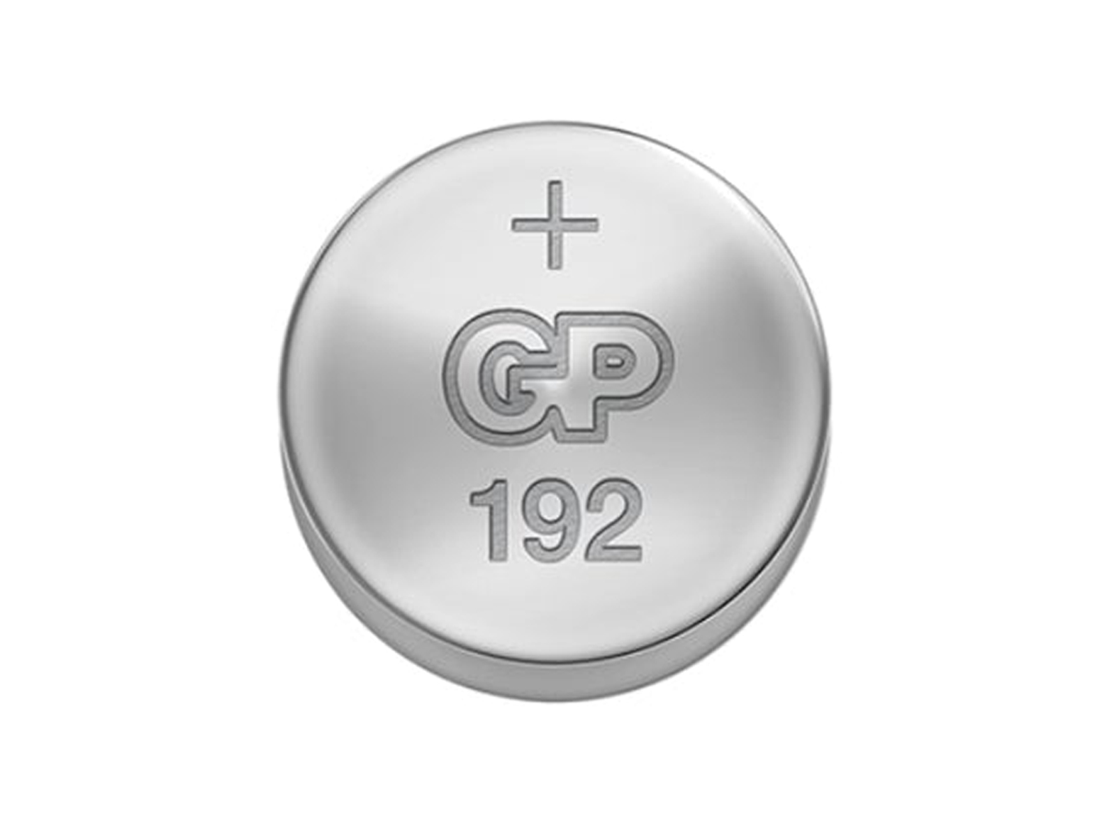 Üzerine GP ve artı işareti kazınmış gümüş bir düğme pil.