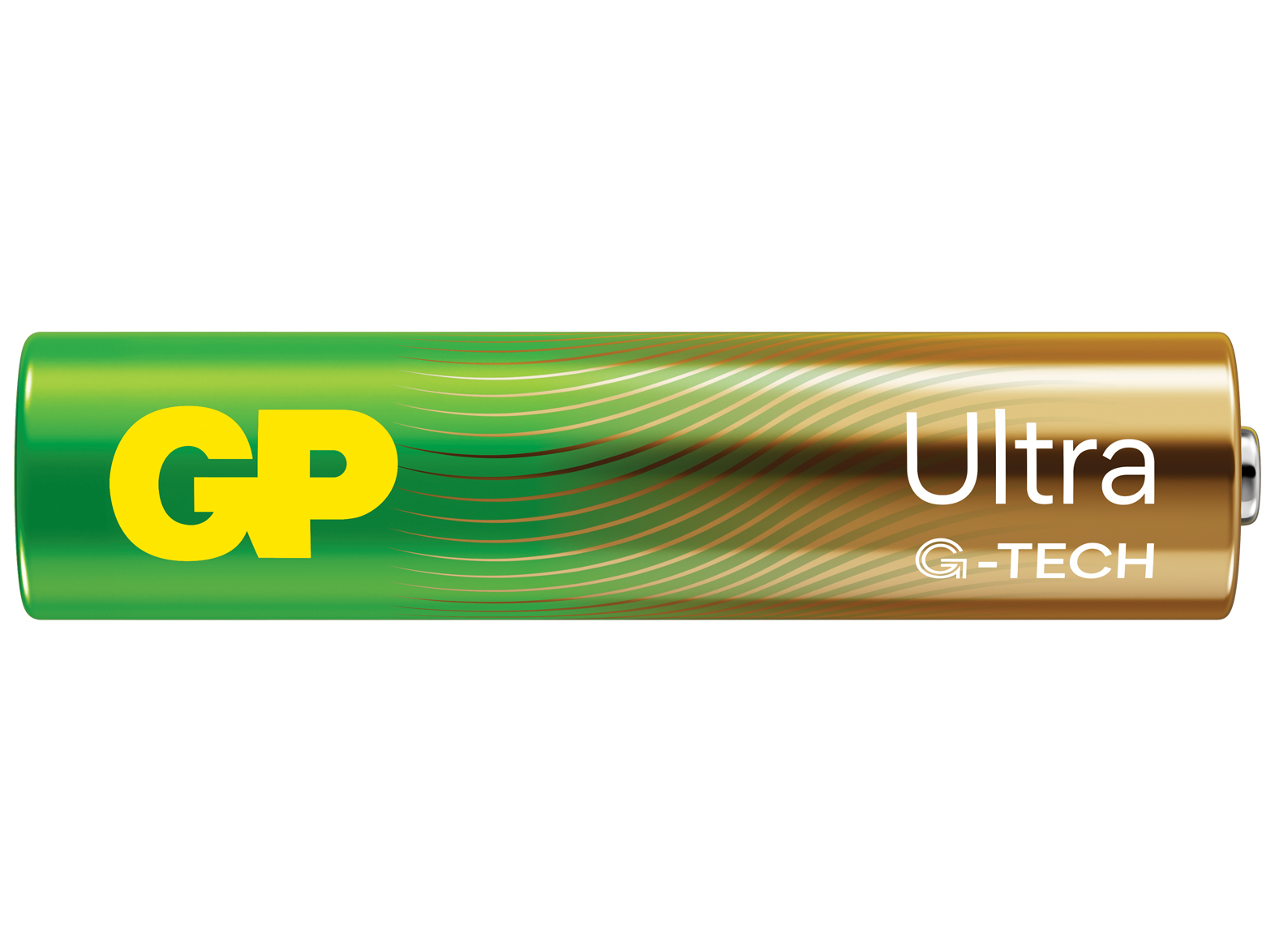 Kalın GP logosu ve Ultra metni ile yeşil ve altın GP Ultra pil.