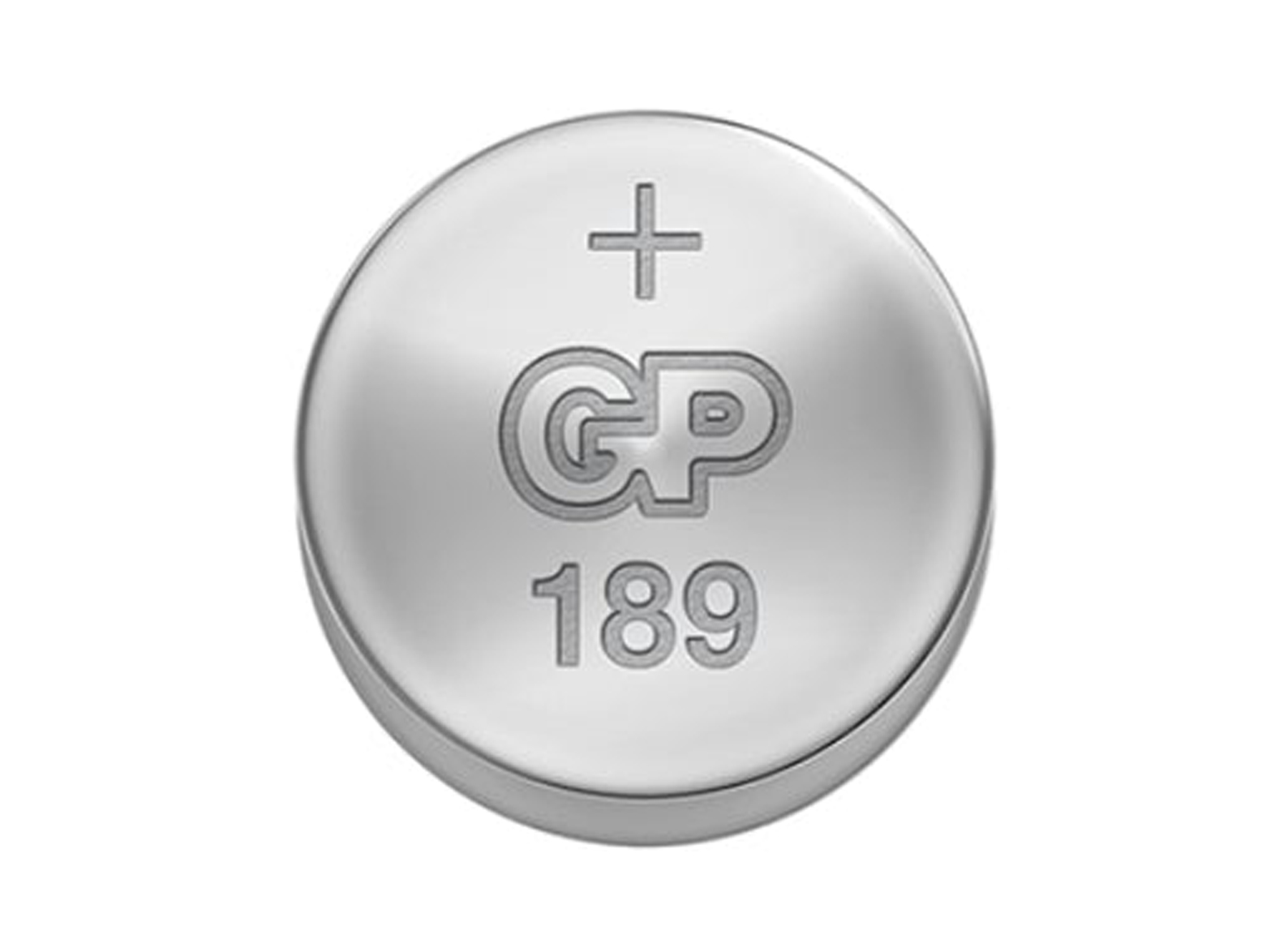Üzerinde '+' ve 'GP 189' basılı gümüş yuvarlak pil.