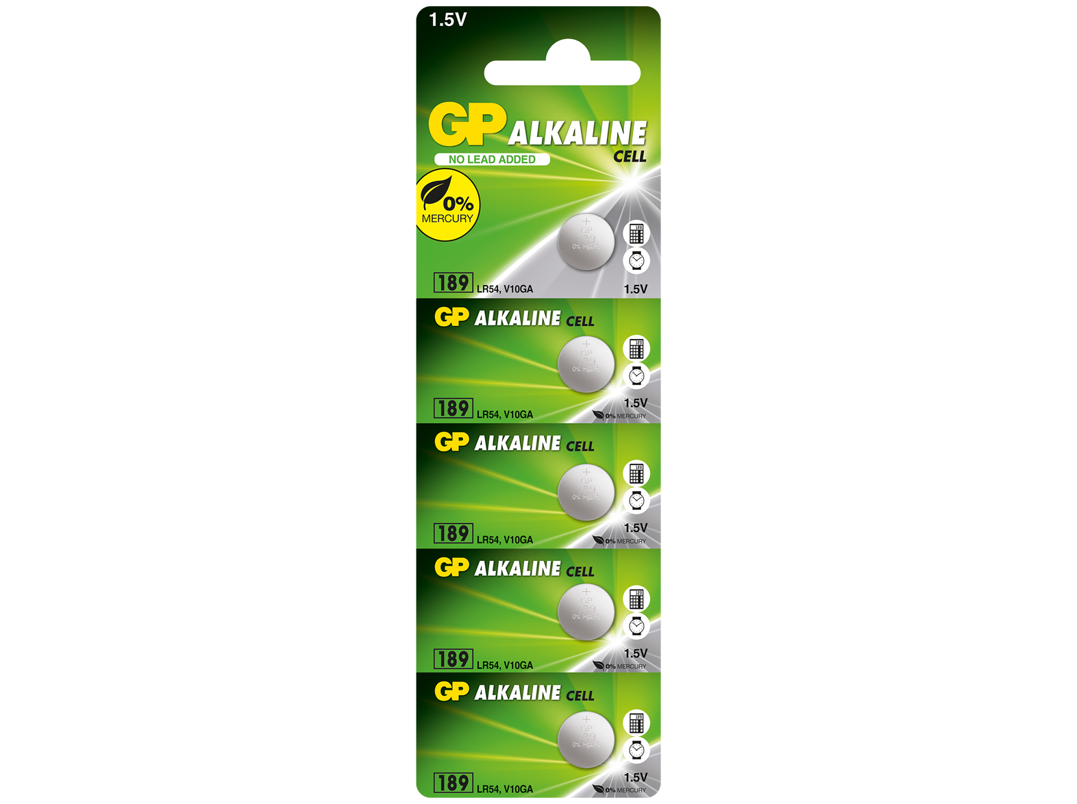 GP Alkaline piller ambalajda. Yeşil ve sarı tasarım. Beyaz zemin.