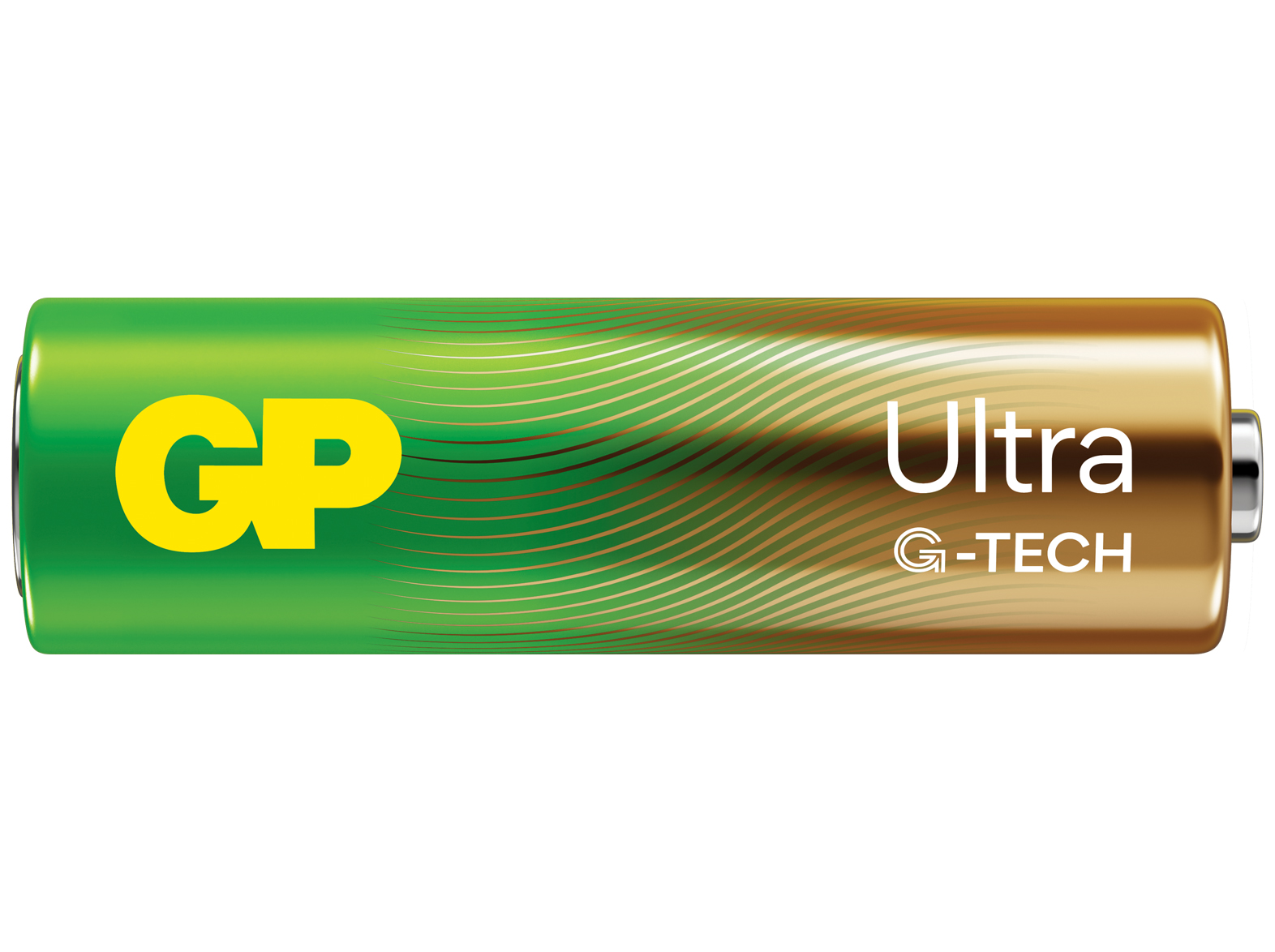 GP Ultra G-TECH pili. Yeşil ve altın rengi, metin: Ultra G-TECH. Beyaz zemin.
