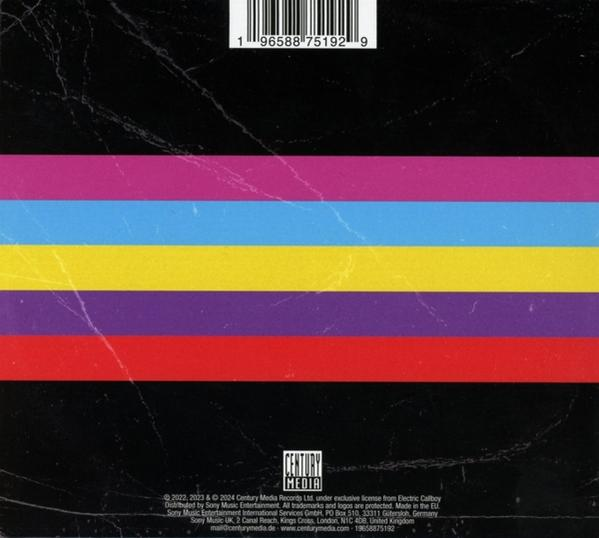 Rückseite der CD-Hülle mit schwarzem Hintergrund und bunten horizontalen Streifen.