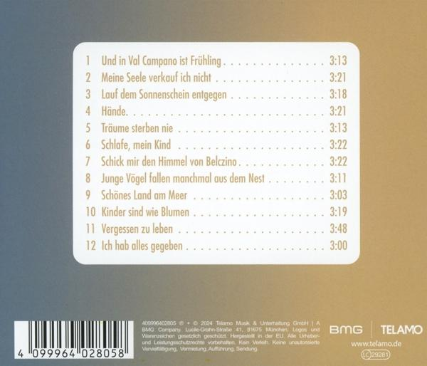 CD-Cover. Listet Lieder auf Deutsch mit Spieldauer. Verfügt über einen Gold- und Weiß-Farbverlauf.