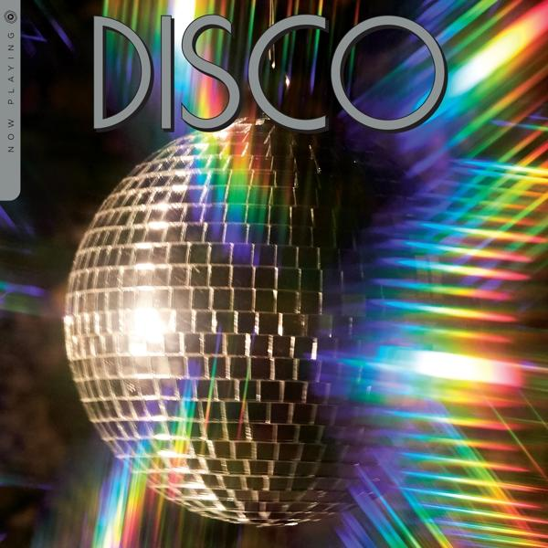 Diskokugel mit bunten Lichtstreifen und dem Wort 'DISCO'.