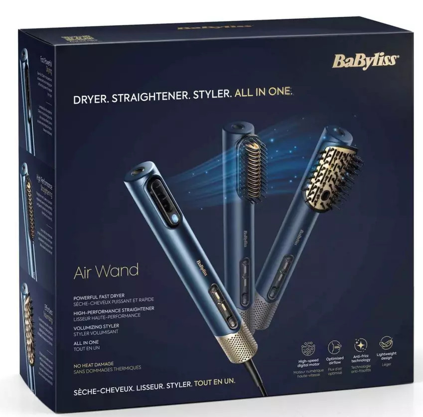 Pudełko z trzema narzędziami do stylizacji. Dwa niebieskie, jeden złoty.