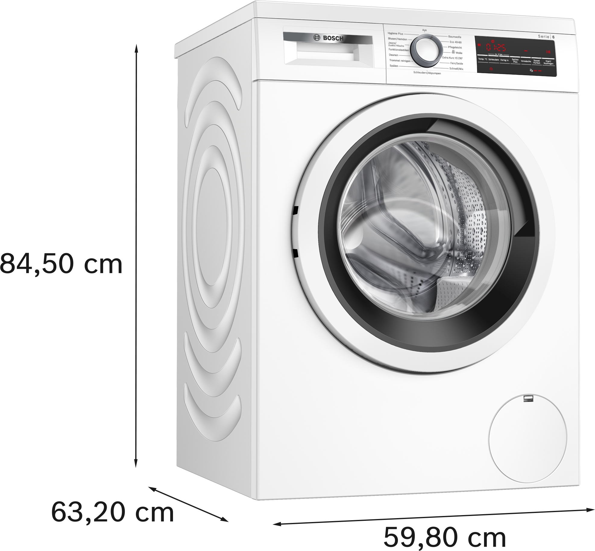 Weiße Waschmaschine aus einem seitlichen Winkel, mit Abmessungen in cm.