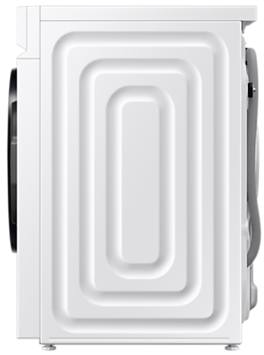 Widok z boku białej pralki. Ma wpuszczany tylny panel z prostokątnymi wzorami.
