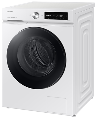 Biała pralka Samsung, widok z przodu, z czarnymi drzwiami i panelem sterowania.