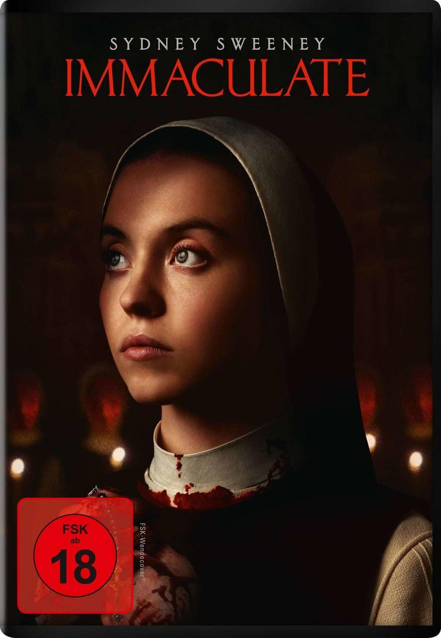 Filmposter: Immaculate. Eine Frau in Nonnentracht. Dunkler Hintergrund mit Blut.