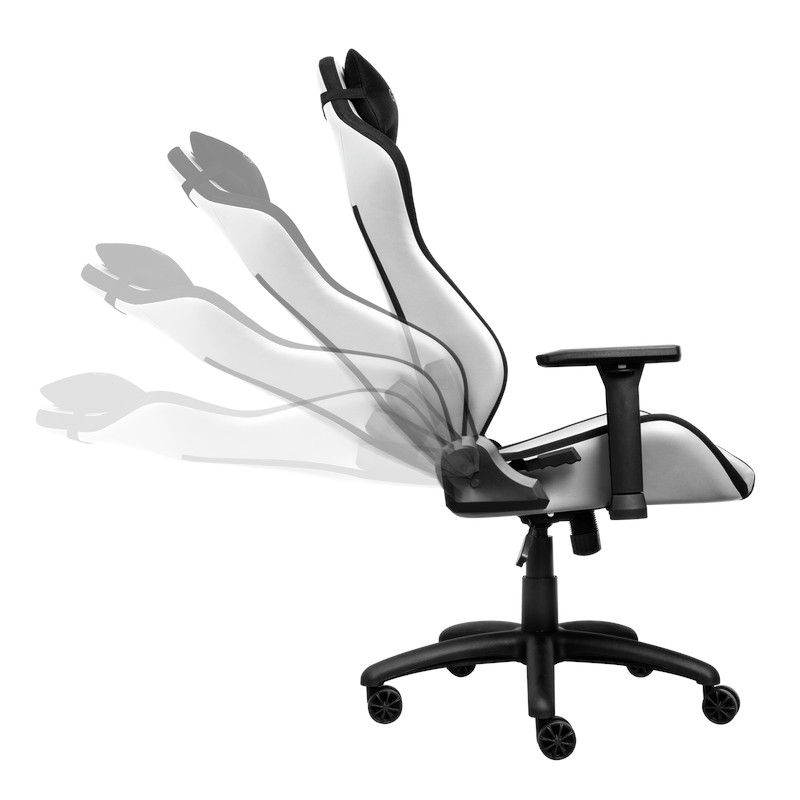 Biało-czarny fotel gamingowy, widok z boku, pokazano wiele pozycji odchylenia. Białe tło.