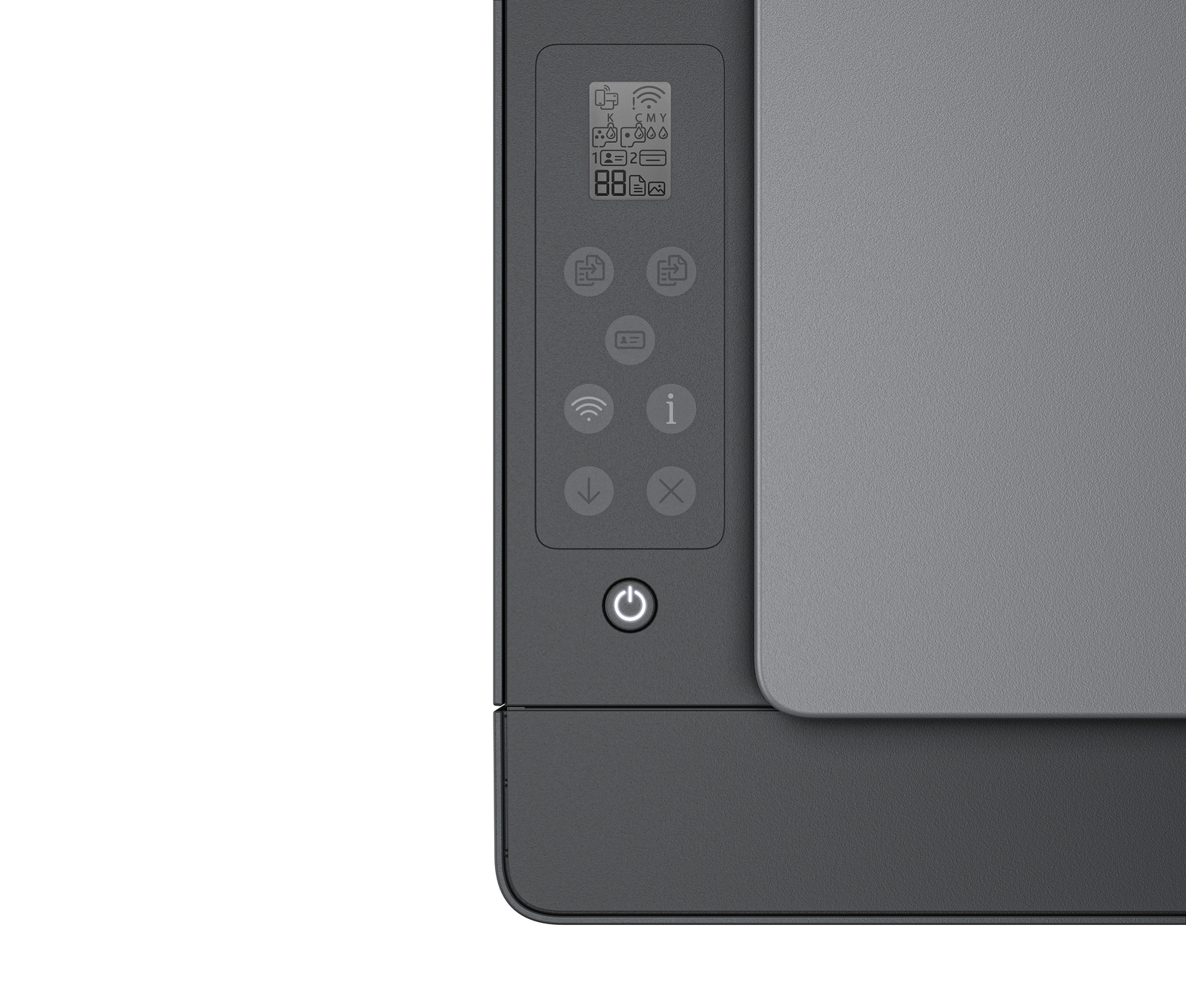 Zbliżenie panelu sterowania drukarki z różnymi przyciskami i wskaźnikami.