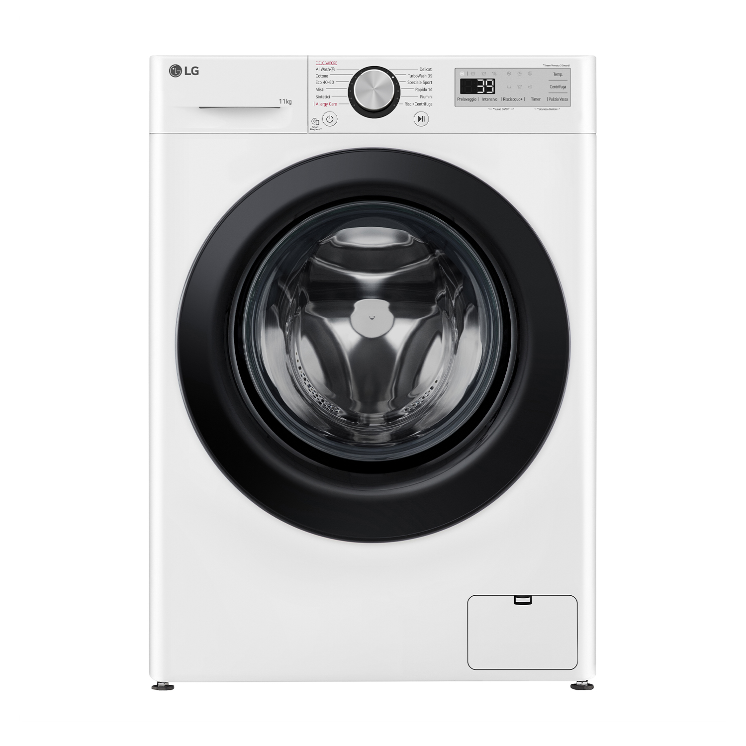 Lavatrice LG bianca con porta e pannello di controllo neri. Su sfondo bianco.