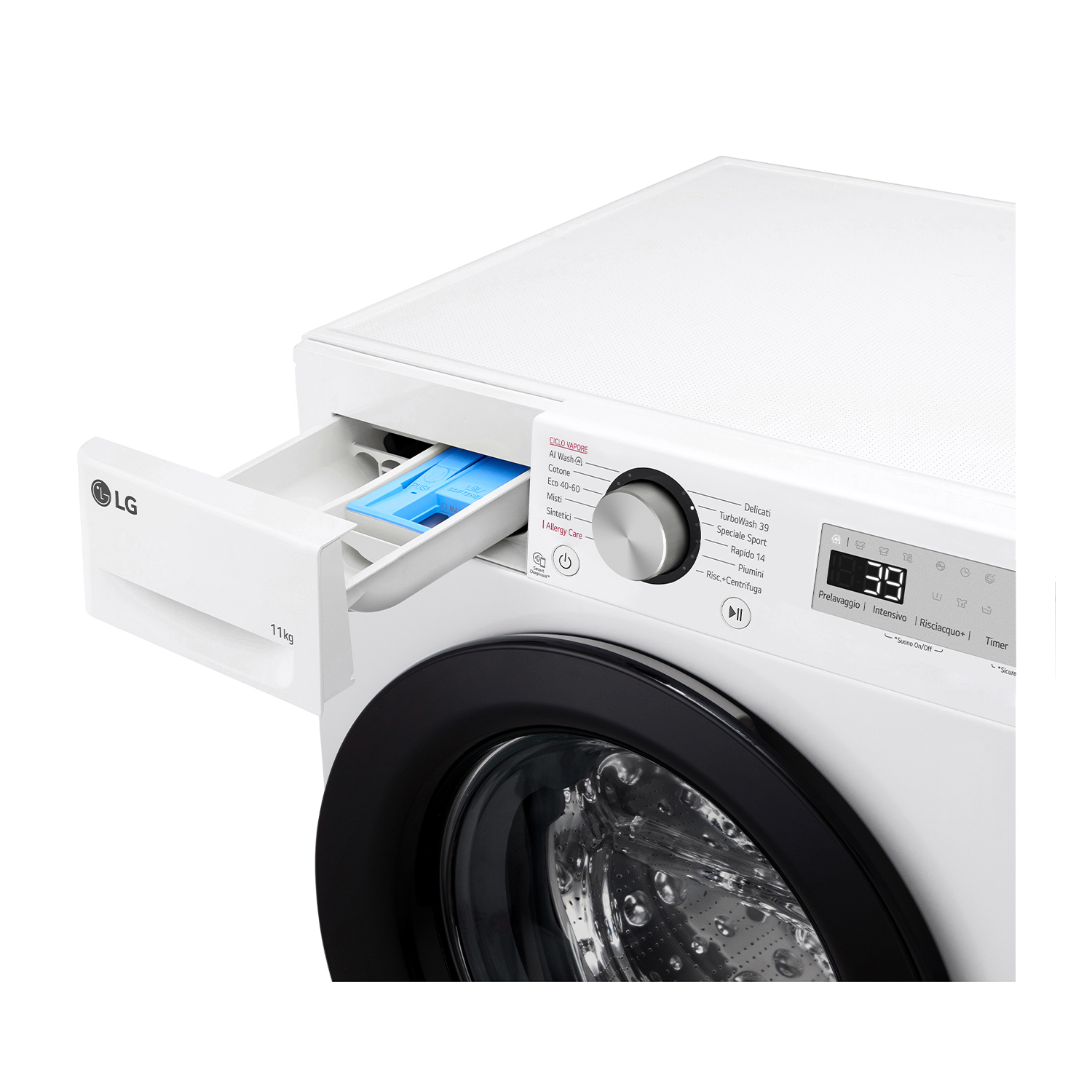 Lavatrice, cassetto aperto con detersivo, porta nera.