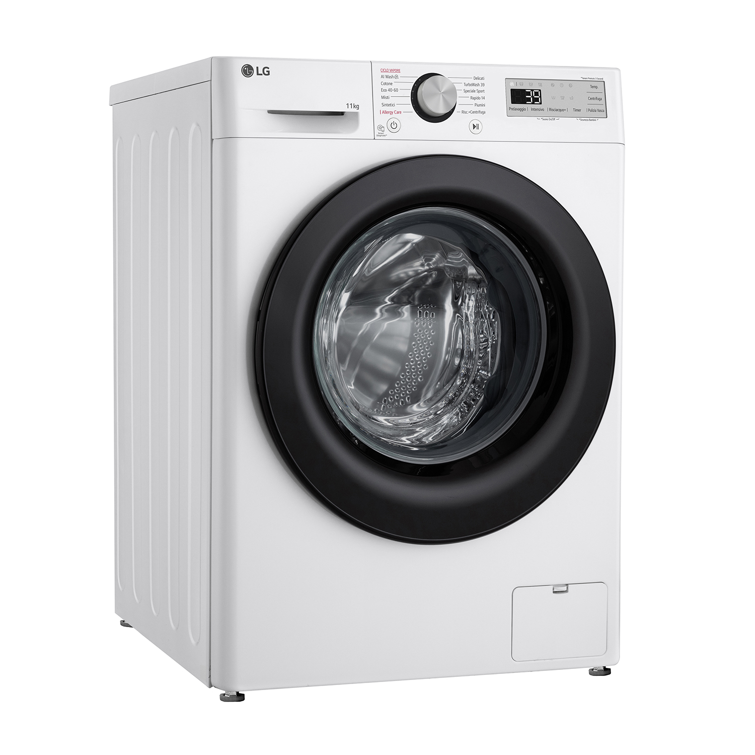 Lavatrice LG bianca con porta nera. La macchina è su sfondo bianco.