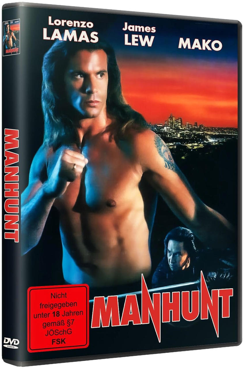 DVD-Cover mit einem Mann mit langen Haaren und dem Titel 'Manhunt'.