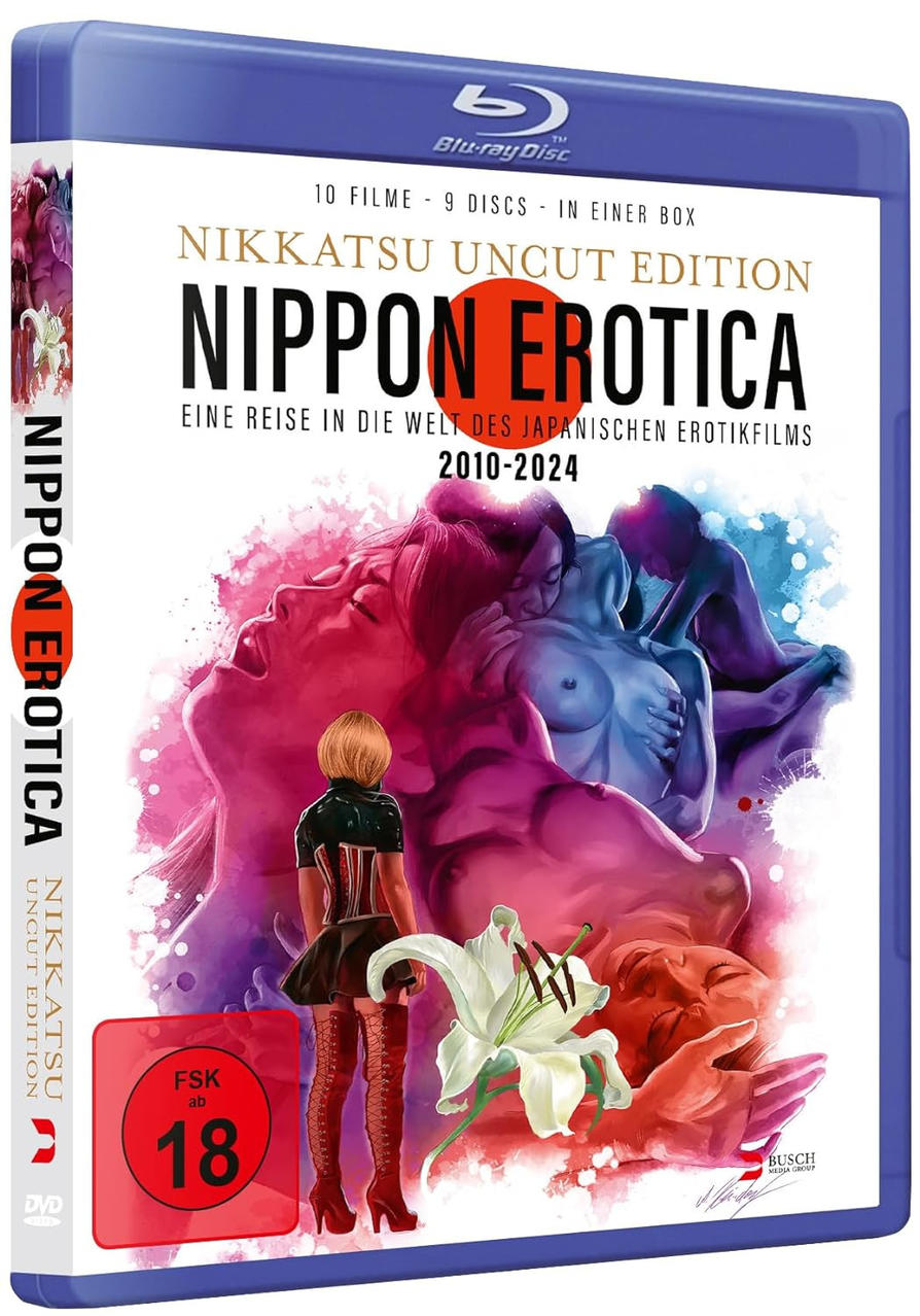 Eine Blu-ray-Box mit japanischer erotischer Filmkunst, mit einer Frau mit roten Stiefeln und einer weißen Blume.