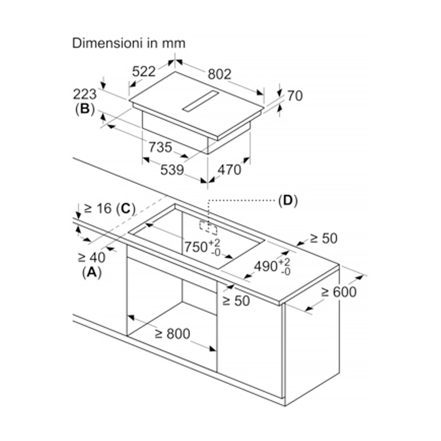 Diagramma che mostra le dimensioni per un lavello da cucina e un piano di lavoro.
