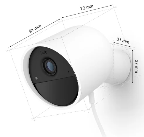 Biała inteligentna kamera z wymiarami, na białym tle.