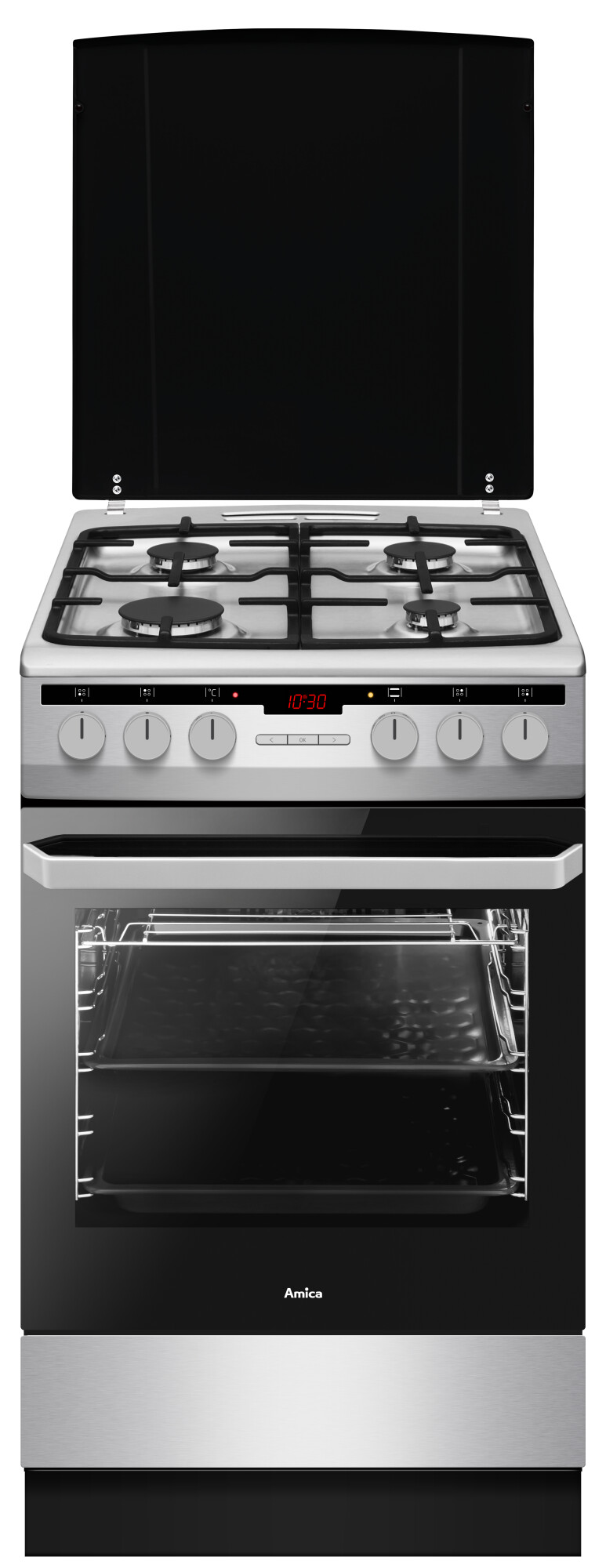 Srebrno-czarna kuchenka gazowa z czterema palnikami, otwarte drzwiczki piekarnika. Wyświetlacz cyfrowy pokazuje czas.