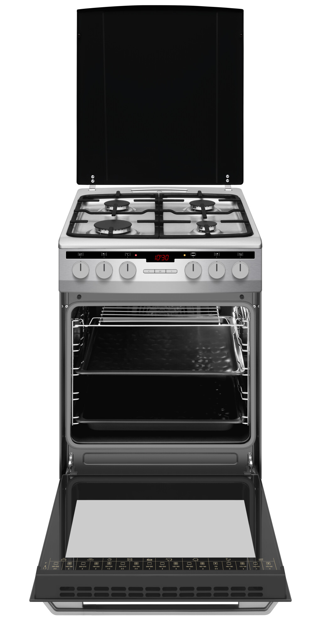 Wolnostojąca kuchenka gazowa w kolorze srebrno-czarnym z otwartymi drzwiami piekarnika i otwartym blatem.
