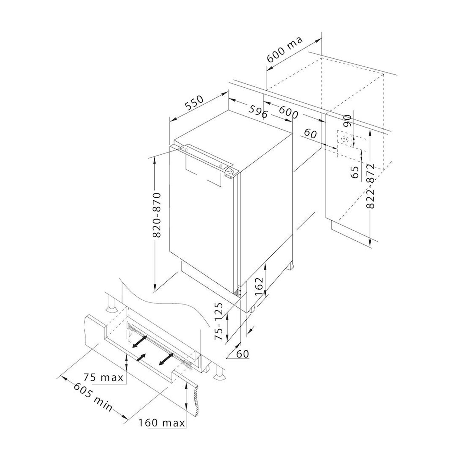 Un disegno tecnico di una lavastoviglie a incasso, con dimensioni e dettagli di installazione.