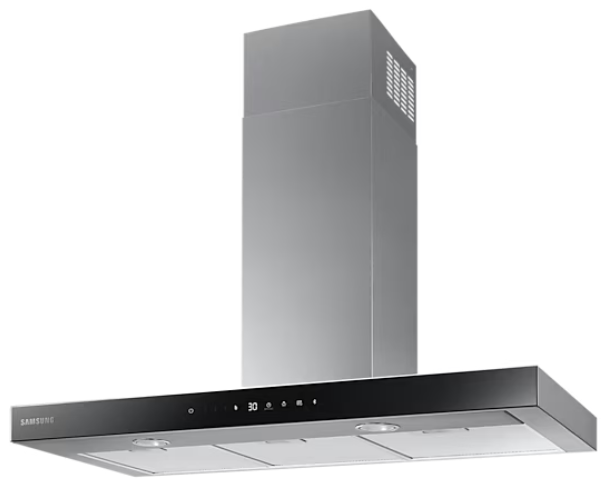 Okap Samsung ze stali nierdzewnej z wyświetlaczem cyfrowym i światłami.