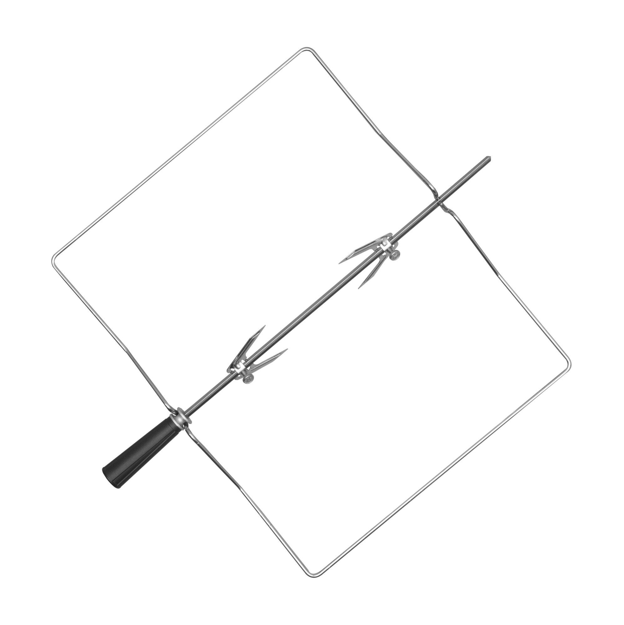 Kwadratowy metalowy grill z uchwytem, z metalowym prętem i kolcami pośrodku.